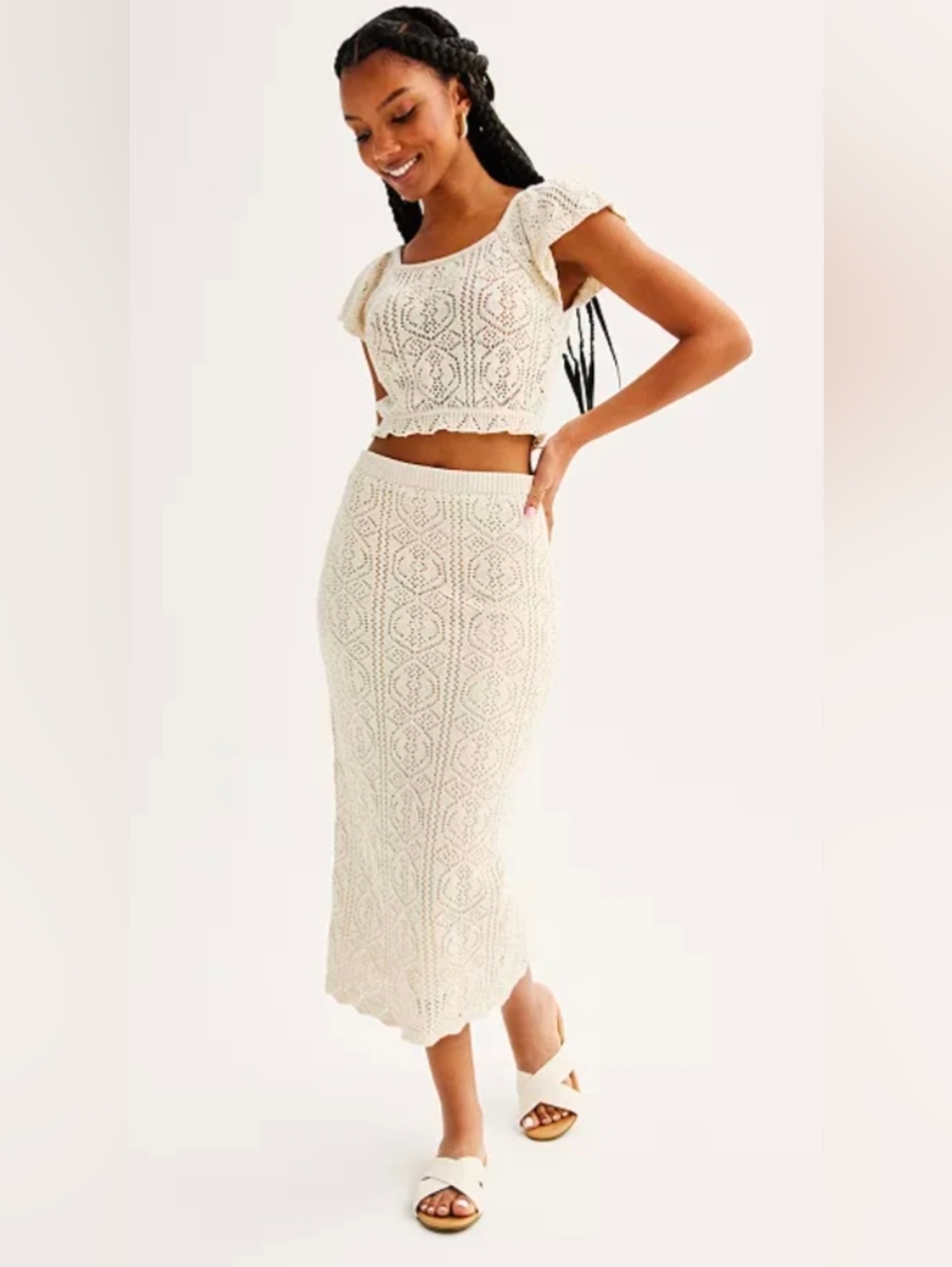 Freshmen 1996 Juniors' Cream Crochet Flutter Maxi Skirt